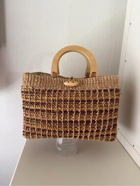 Talbots Woven Straw Tote with Wood Handles in Natural and Brown